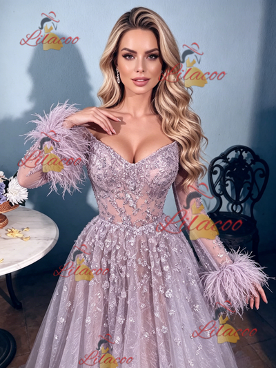 Purple Tulle Off the Shoulder Feather Prom Dress