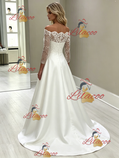 White Satin Lace Long Sleeve Wedding Dress