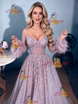 Purple Tulle Off the Shoulder Feather Prom Dress