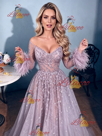 Purple Tulle Off the Shoulder Feather Prom Dress