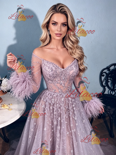 Purple Tulle Off the Shoulder Feather Prom Dress