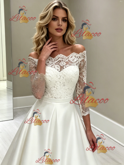 White Satin Lace Long Sleeve Wedding Dress