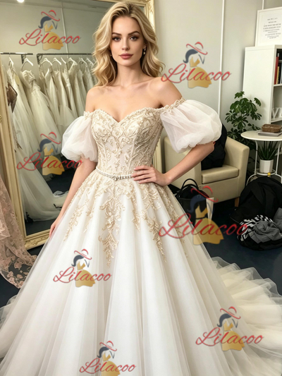 Tulle Off the Shoulder Appliques Prom Dress