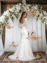 White Mermaid Tulle Appliques Long Sleeve Wedding Dress