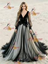 Black Long Sleeve Appliques Wedding Dress