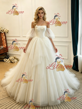 Ivory Tulle Strapless Puff Sleeve Wedding Dress