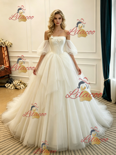 Ivory Tulle Strapless Puff Sleeve Wedding Dress