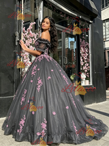 Gray Tulle Short Sleeve Appliques Quinceanera Dress