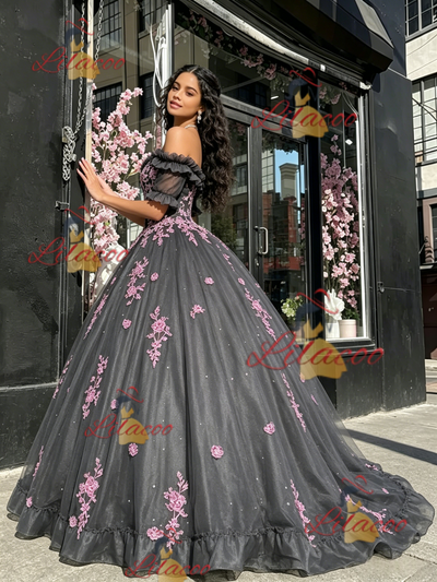 Gray Tulle Short Sleeve Appliques Quinceanera Dress