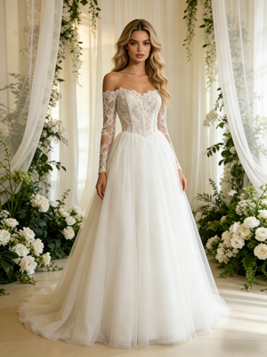 Beige White Tulle Lace Long Sleeve Wedding Dress