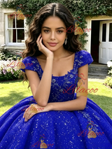 Blue Seuqins Straps Quinceanera Dress