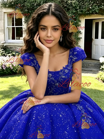 Blue Seuqins Straps Quinceanera Dress