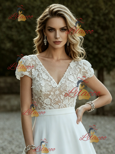 White Satin Cap Sleeve V-neck Wedding Dress