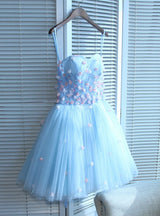 Blue Tulle Strapless Flower Homecoming Dress