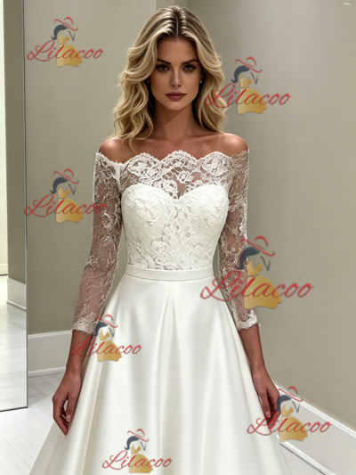 White Satin Lace Long Sleeve Wedding Dress