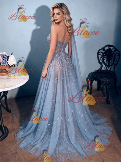 Blue Lace One Shoulder Sequins Prom Dress