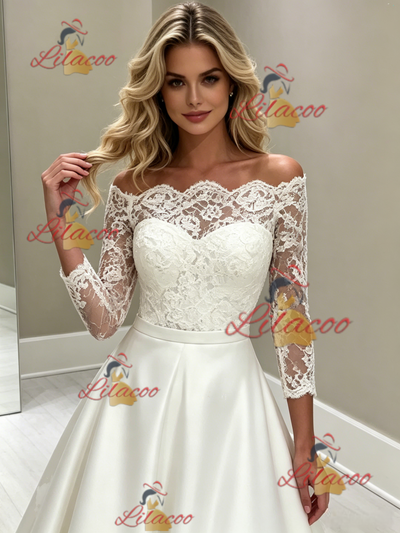 White Satin Lace Long Sleeve Wedding Dress