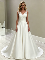White Satin V-neck Wedding Dress