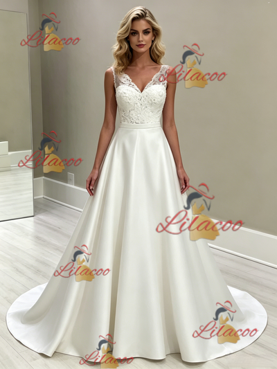 White Satin V-neck Wedding Dress