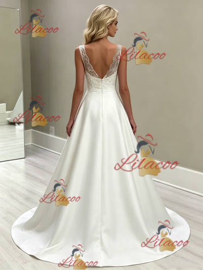 White Satin V-neck Wedding Dress