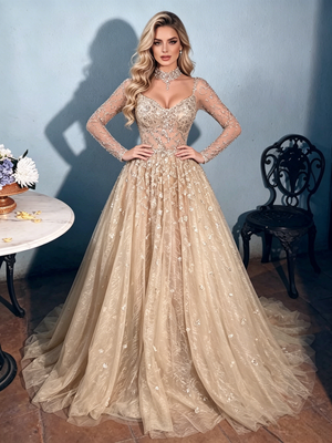 Champagne Sequins Long Sleeve Prom Dress