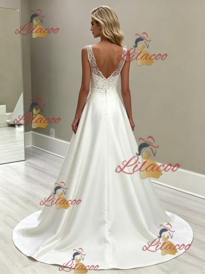 White Satin V-neck Wedding Dress