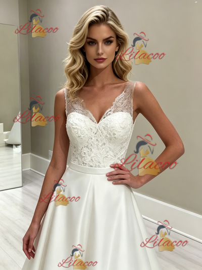 White Satin V-neck Wedding Dress