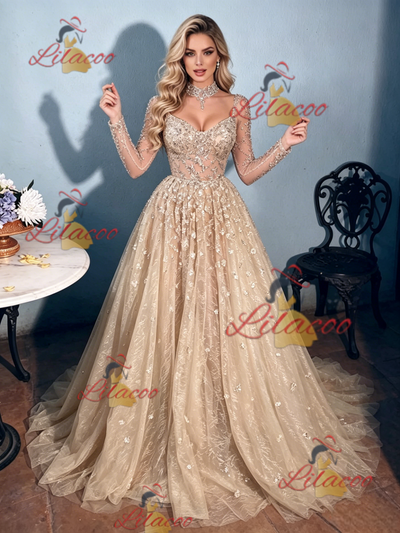 Champagne Sequins Long Sleeve Prom Dress