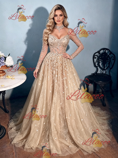 Champagne Sequins Long Sleeve Prom Dress