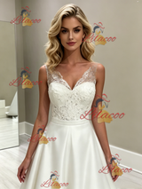 White Satin V-neck Wedding Dress