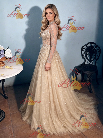 Champagne Sequins Long Sleeve Prom Dress