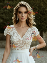 White Satin Cap Sleeve V-neck Wedding Dress