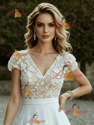 White Satin Cap Sleeve V-neck Wedding Dress