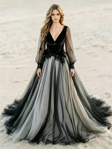 Black Long Sleeve Appliques Wedding Dress