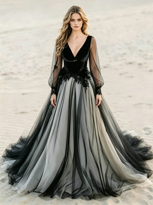 Black Long Sleeve Appliques Wedding Dress