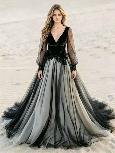 Black Long Sleeve Appliques Wedding Dress