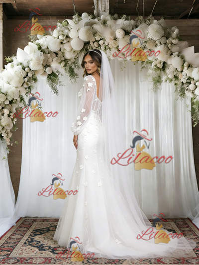 White Mermaid Tulle Appliques Long Sleeve Wedding Dress