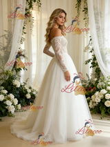 Beige White Tulle Lace Long Sleeve Wedding Dress