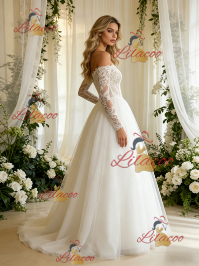 Beige White Tulle Lace Long Sleeve Wedding Dress