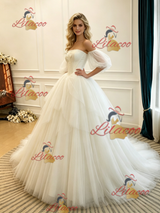 Ivory Tulle Strapless Puff Sleeve Wedding Dress
