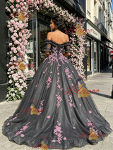 Gray Tulle Short Sleeve Appliques Quinceanera Dress