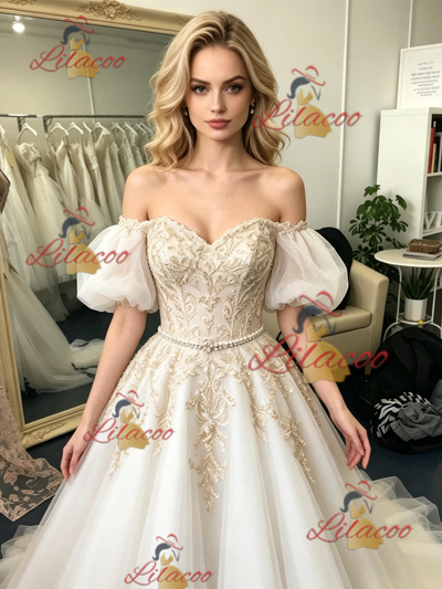 Tulle Off the Shoulder Appliques Prom Dress