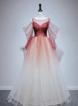 Burgundy Tulle Sequins Beading Long Sleeve Prom Dress