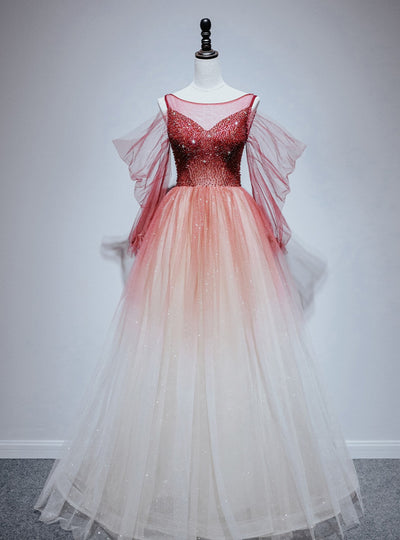Burgundy Tulle Sequins Beading Long Sleeve Prom Dress