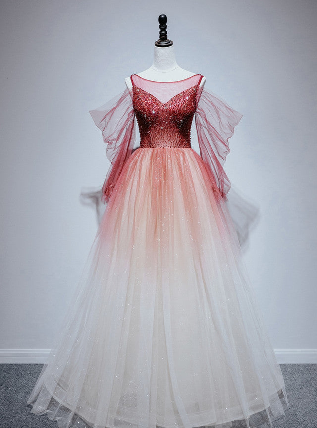 Burgundy Tulle Sequins Beading Long Sleeve Prom Dress