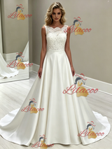 White Satin Lace Scoop Neck Wedding Dress