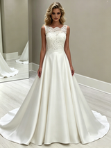 White Satin Lace Scoop Neck Wedding Dress