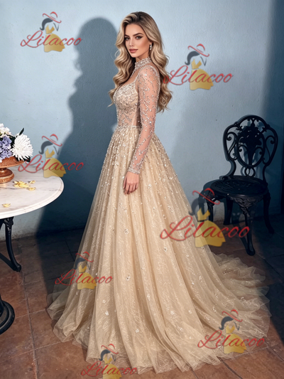 Champagne Sequins Long Sleeve Prom Dress