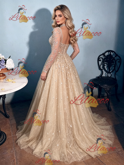 Champagne Sequins Long Sleeve Prom Dress