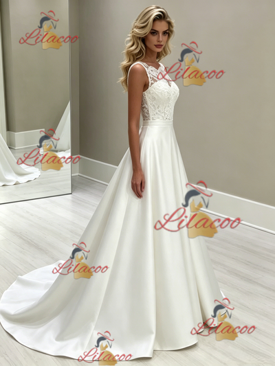 White Satin Lace Scoop Neck Wedding Dress